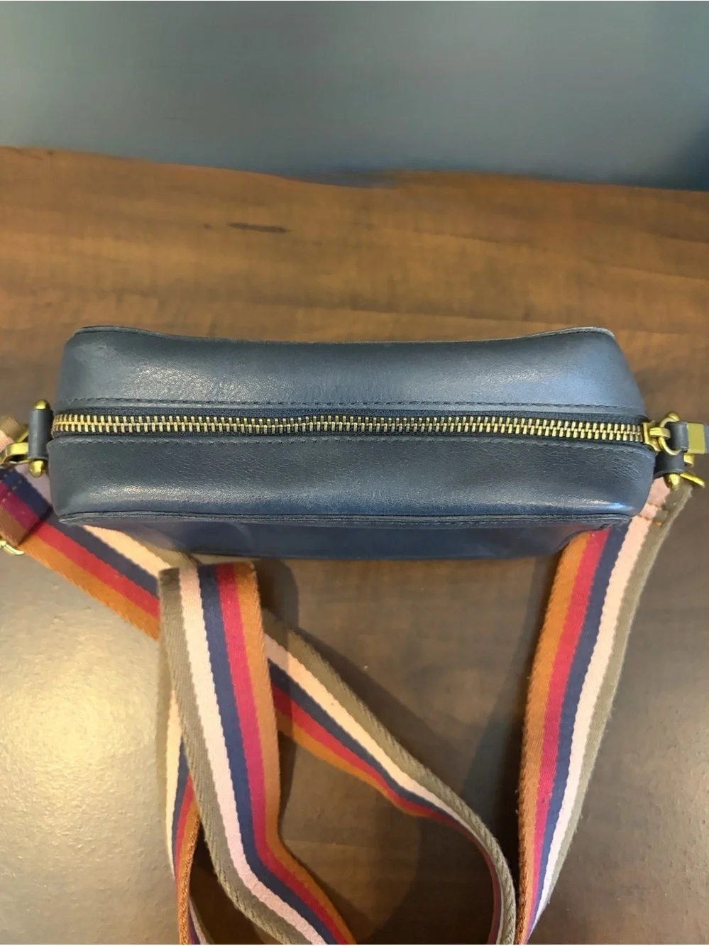 Madewell Blue Leather Crossbody Bag with Multicolor Stripe Strap